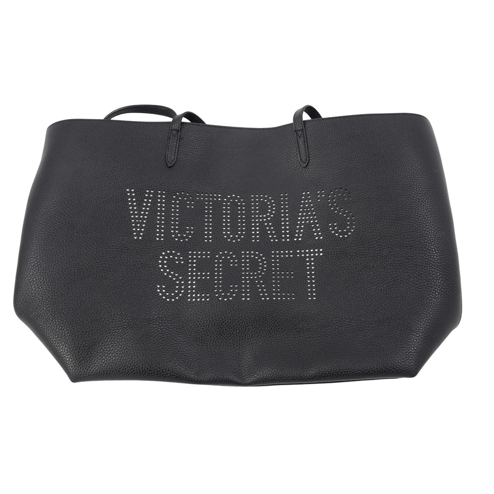 Victoria's Secret Black Pebbled Faux Leather Perforated Logo Tote Silver Inside